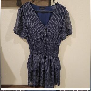 BloomChic Tiered Blue/White Polka Dot Dress, Peephole, Tie, shirred waist